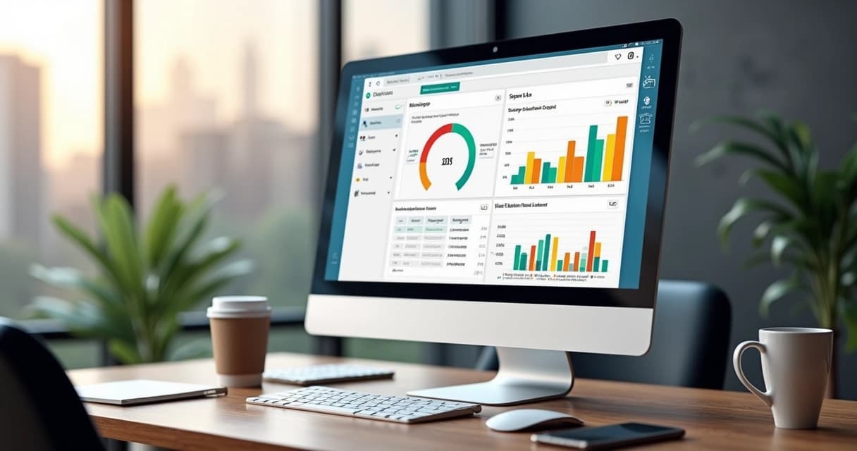 Computador com tela mostrando dashboard moderno de CRM imobiliário, com gráficos e lista de leads organizados