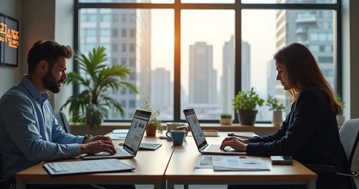 Corretores usando computadores e dispositivos móveis para enviar mensagens automatizadas de follow-up pós-visita a clientes de imóveis