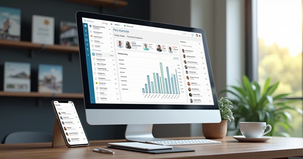 Tela de computador mostrando sistema de automação com gráficos, contatos e mensagens automáticas para pré-venda imobiliária