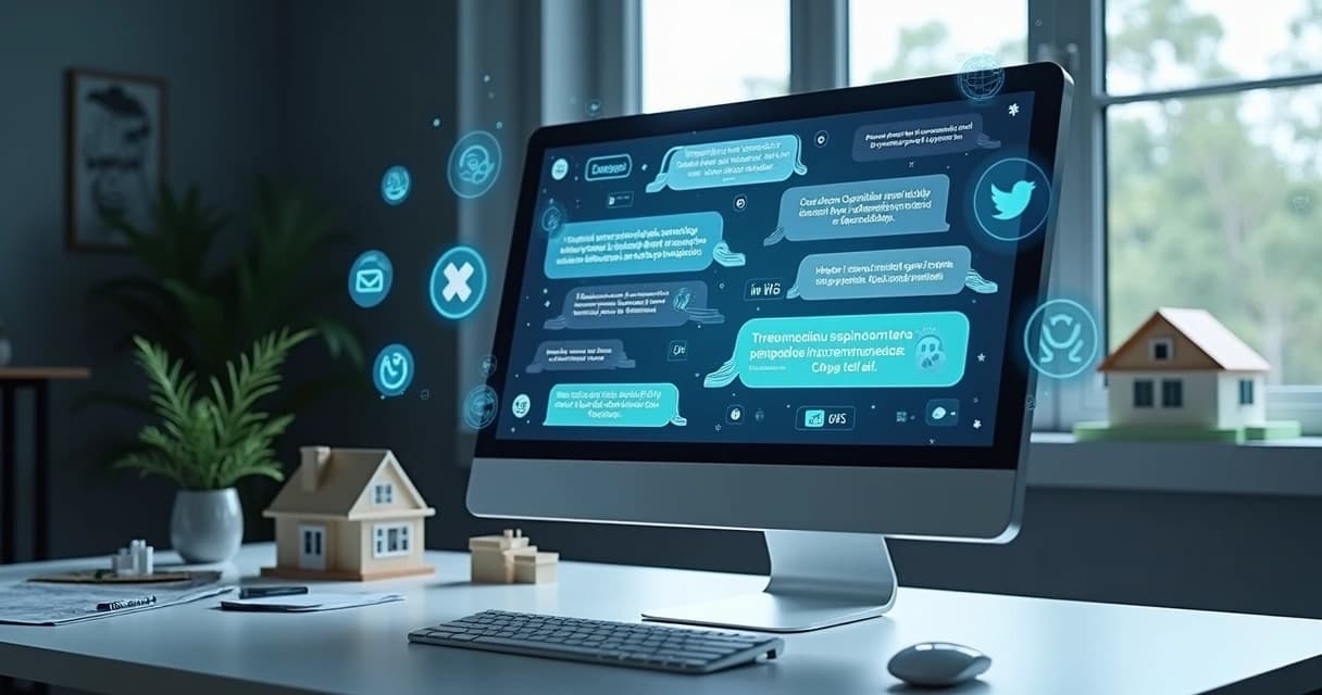 Tela de computador exibindo chatbot automatizado para atendimento imobiliário com mensagens e ícones de comunicação digital