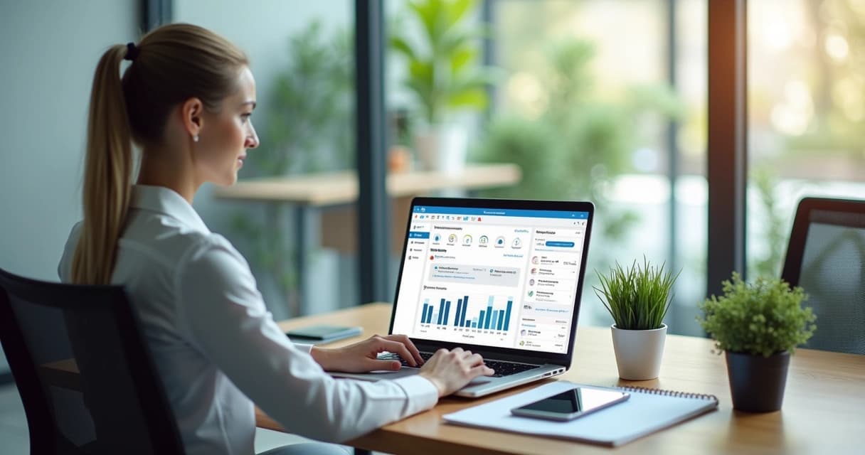 Corretor imobiliário utilizando laptop com tela mostrando sistema de automação de tarefas, escritório moderno com parede de vidro e luz natural