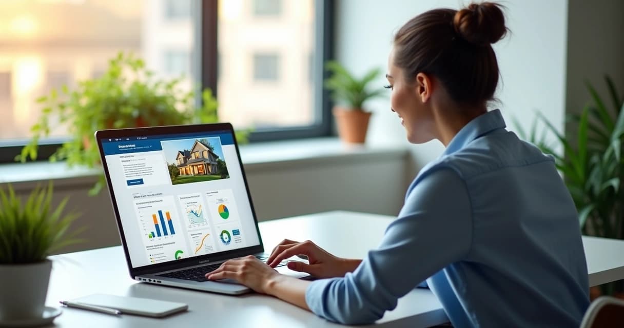 Corretor de imóveis usando laptop moderno com tela exibindo site imobiliário e gráficos de vendas no escritório iluminado