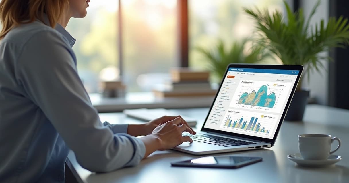Corretor de imóveis usando laptop com gráficos e mapas na tela em ambiente moderno de escritório