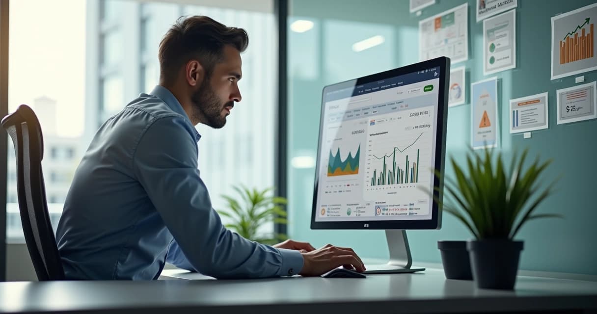 Corretor imobiliário utilizando tecnologia em computador moderno para estratégias digitais de marketing imobiliário