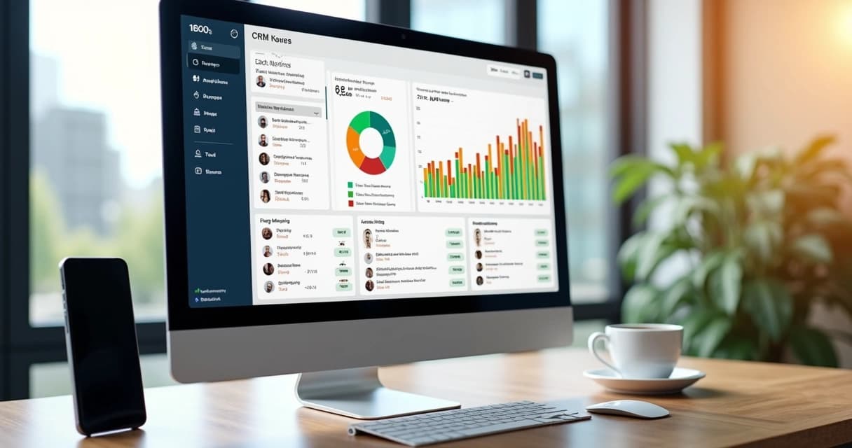 Tela de computador mostrando dashboard de CRM para imobiliárias com gráficos, contatos e mensagens integradas