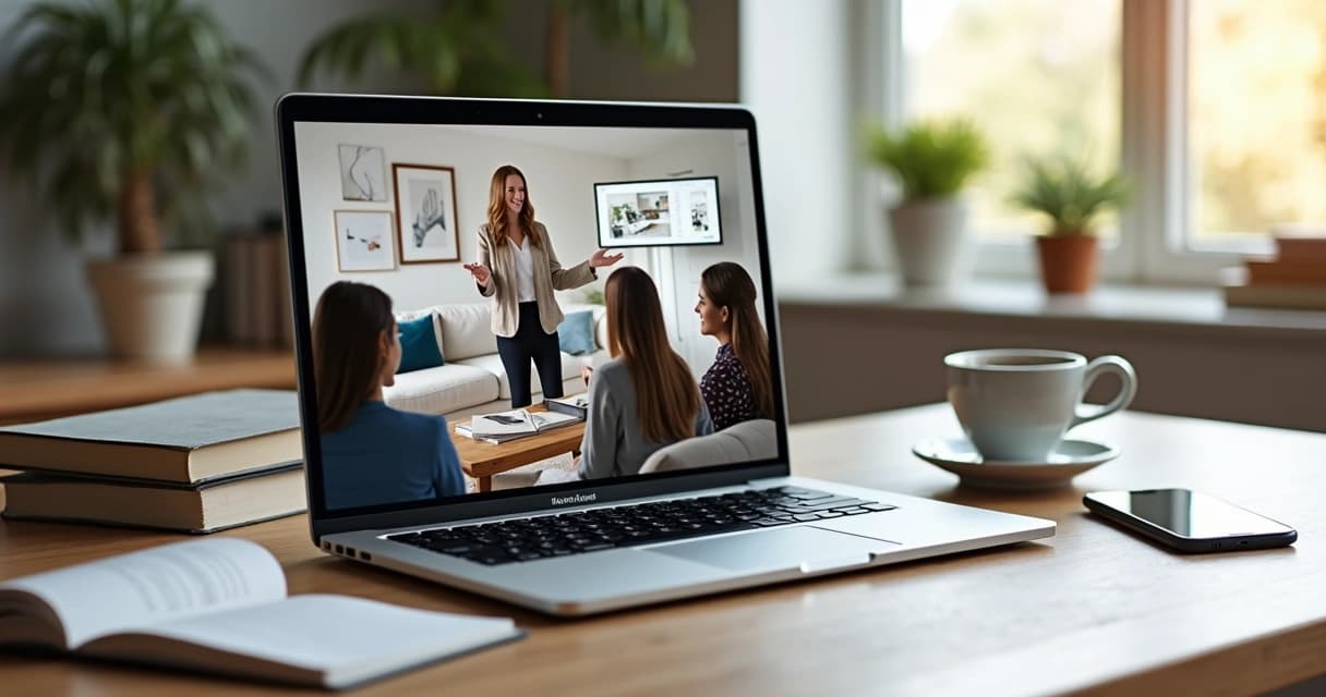 Tela de computador exibindo uma apresentação de open house virtual com grupo de pessoas assistindo online