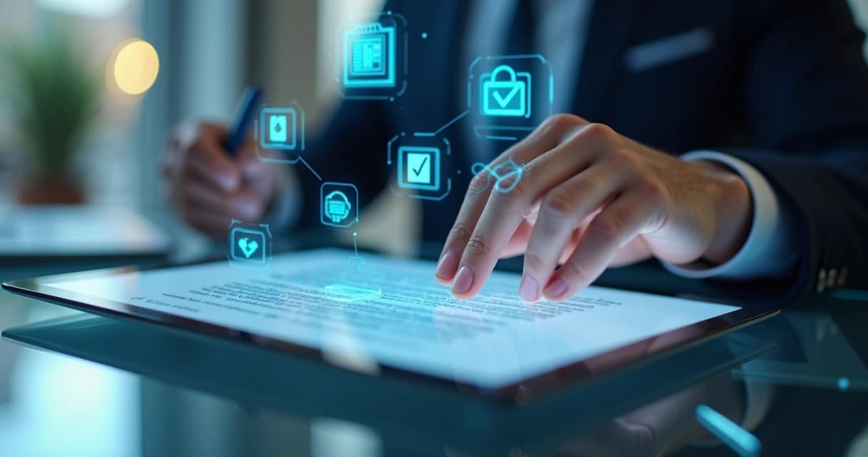 Pessoa assinando contrato digital em tablet com elementos tecnológicos ao redor