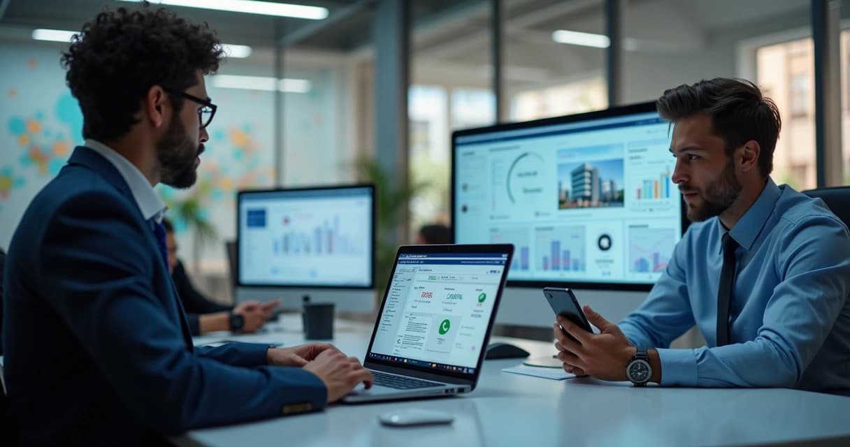 Corretores de imóveis usando computadores e celulares com gráficos e chats digitais