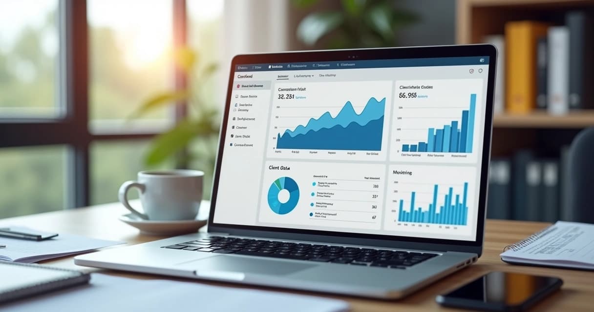 Pessoa usando computador para registrar visita imobiliária em CRM com interface clara e organizada