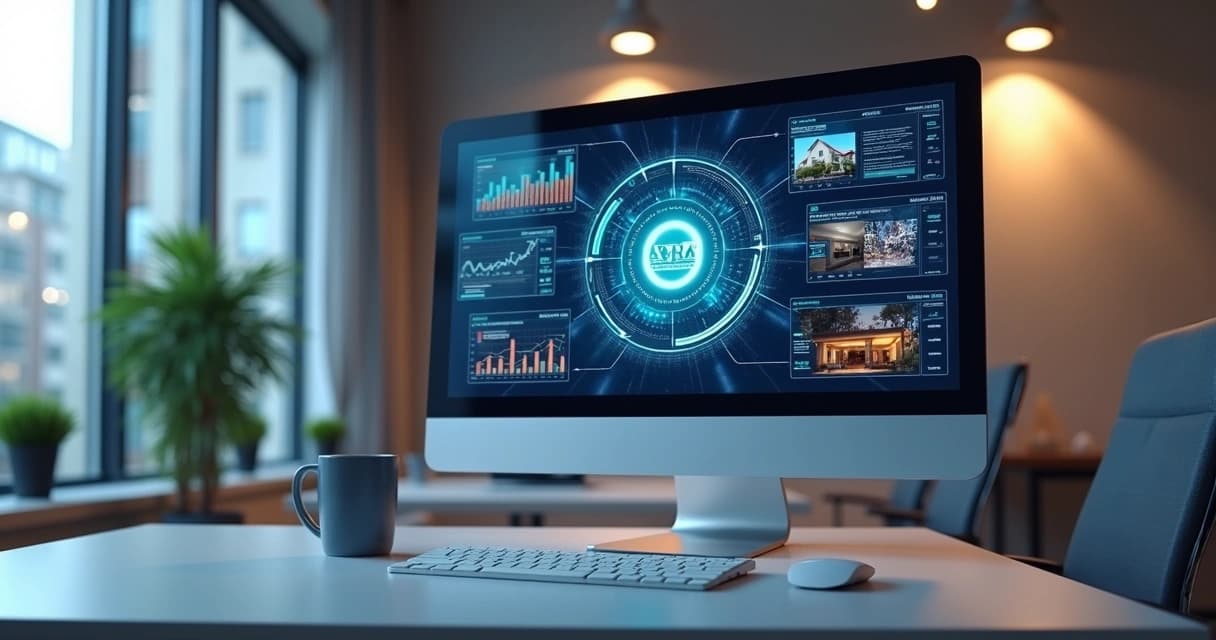 Tela de computador mostrando integração entre CRM, site imobiliário e portais de imóveis com gráficos e conexões digitais