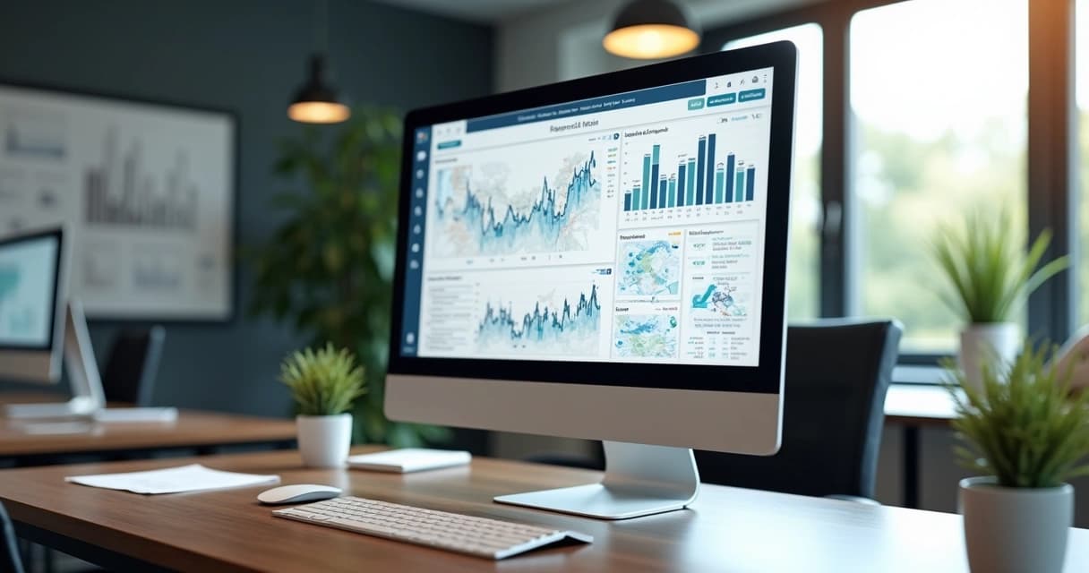 Computador mostrando tela de software imobiliário com gráficos, mapas e dados de clientes em ambiente moderno de escritório