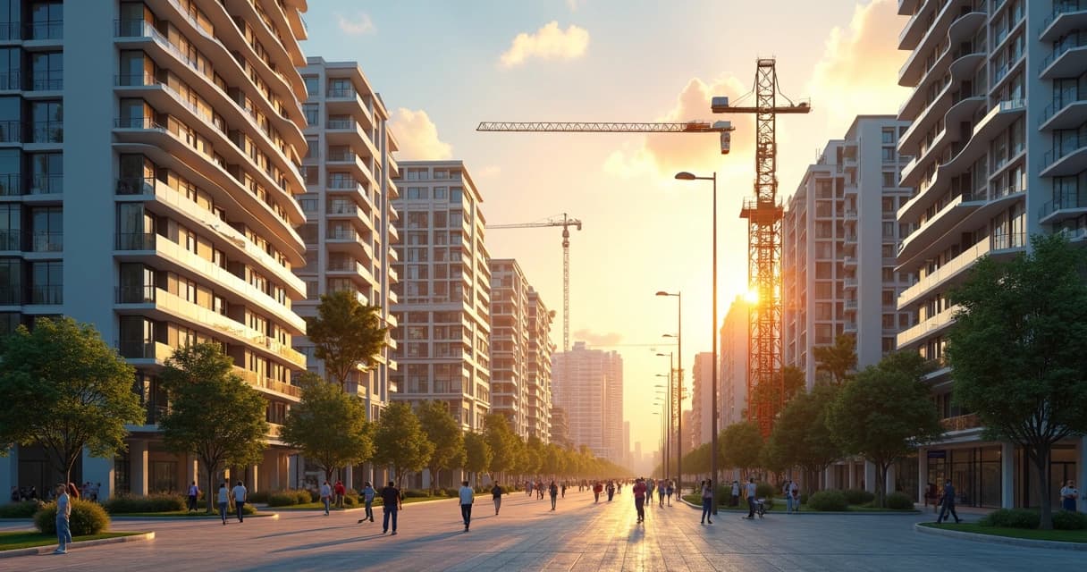Cidade moderna com edifícios residenciais e comerciais integrados, mostrando crescimento urbano e desenvolvimento imobiliário