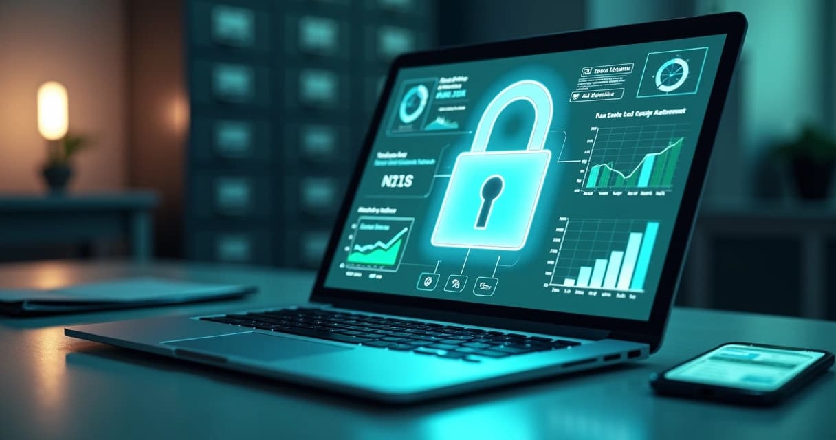 Computador com tela mostrando cadeado digital e gráficos de segurança de dados imobiliários