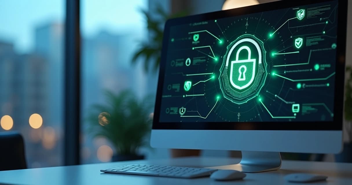 Computador com proteção digital mostrando cadeado e verificações de segurança na tela