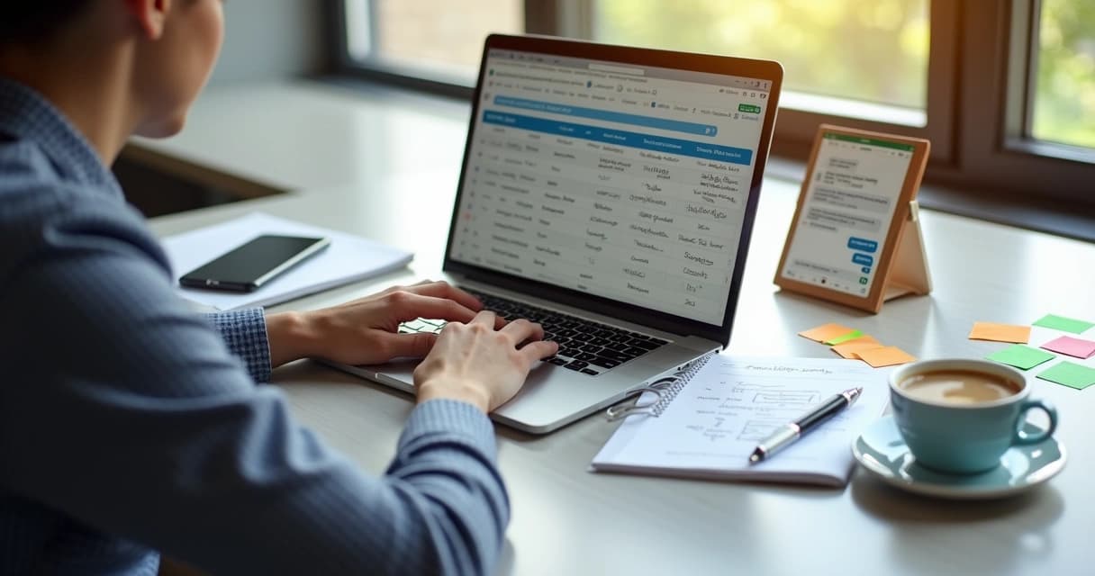 Profissional imobiliário analisando planilha de leads em laptop com anotações e perguntas estratégicas ao lado