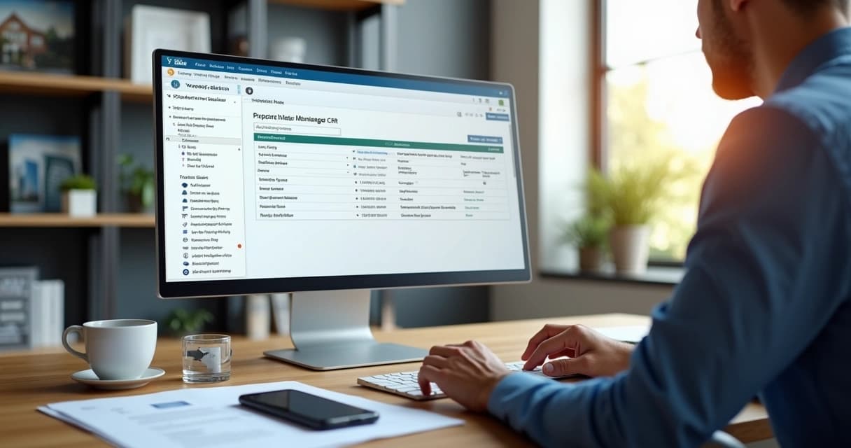 Pessoa digitando dados de imóveis em CRM imobiliário no computador com tela mostrando formulário de cadastro de propriedades