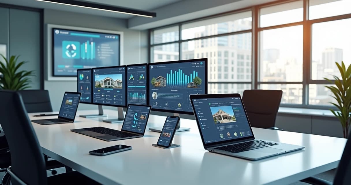 Vista detalhada de um escritório moderno de imobiliária com telas mostrando CRM, sites imobiliários e automação de marketing digital