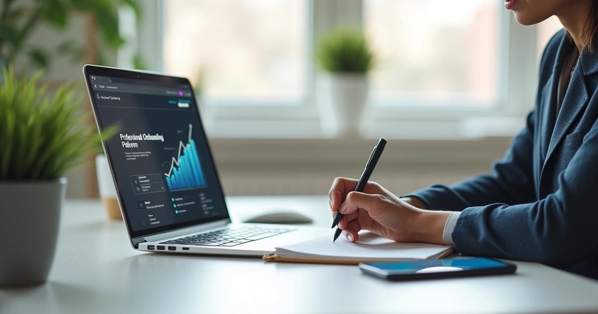 Treinamento digital para novos corretores em ambiente moderno com laptop e anotações