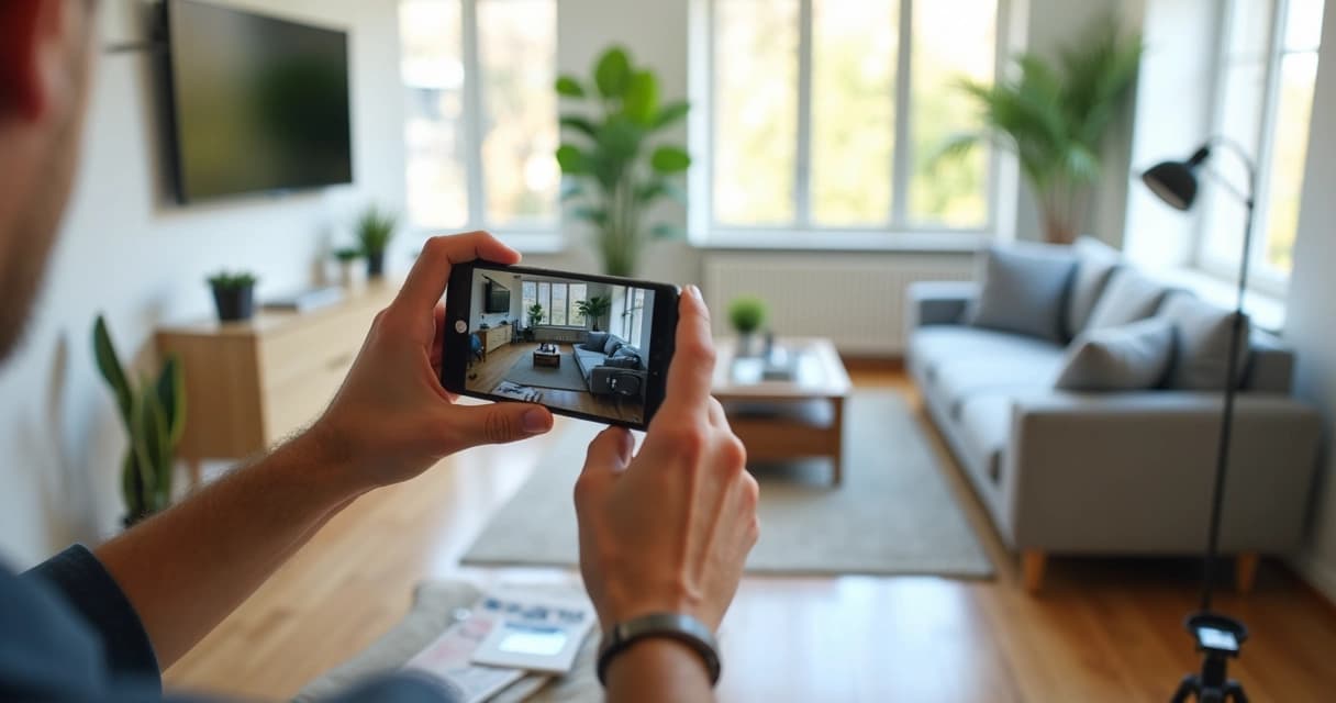 Pessoa segurando smartphone enquanto grava vídeo de imóvel com boa iluminação