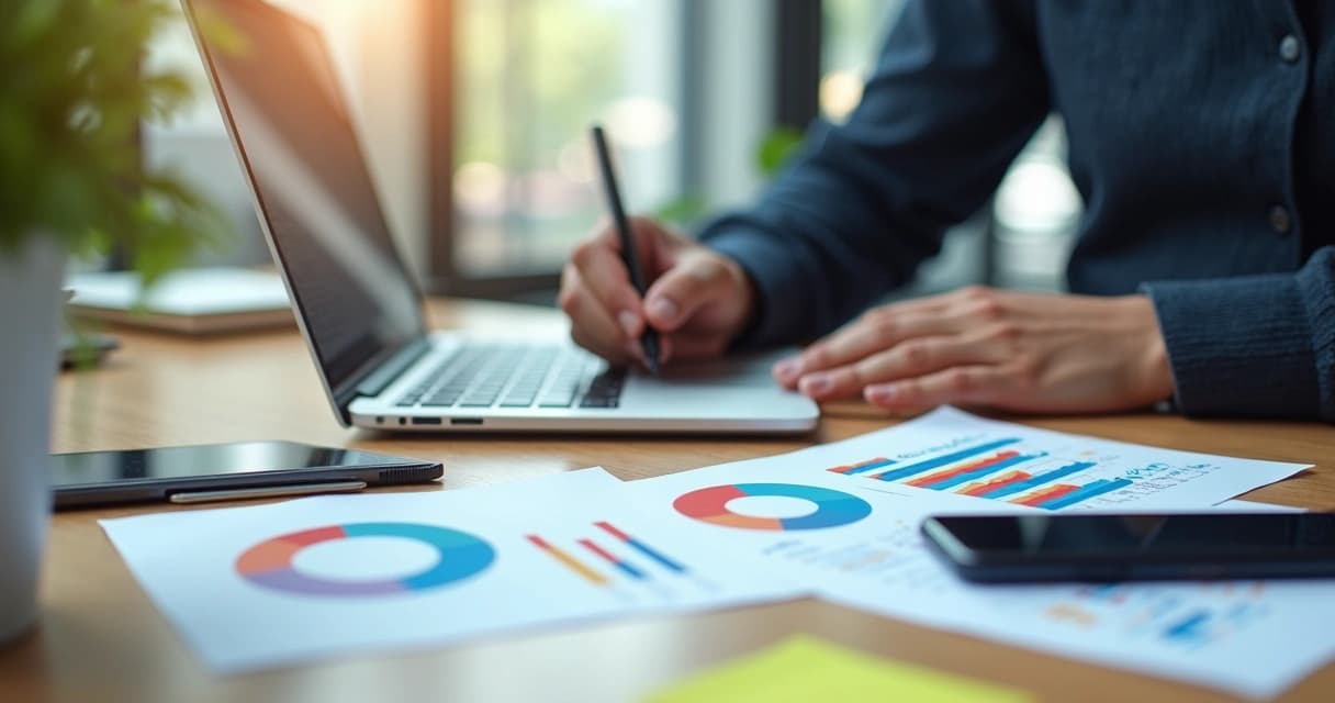 Pessoa analisando gráficos e anotações em uma mesa com laptop e planilhas para entender perfil do cliente