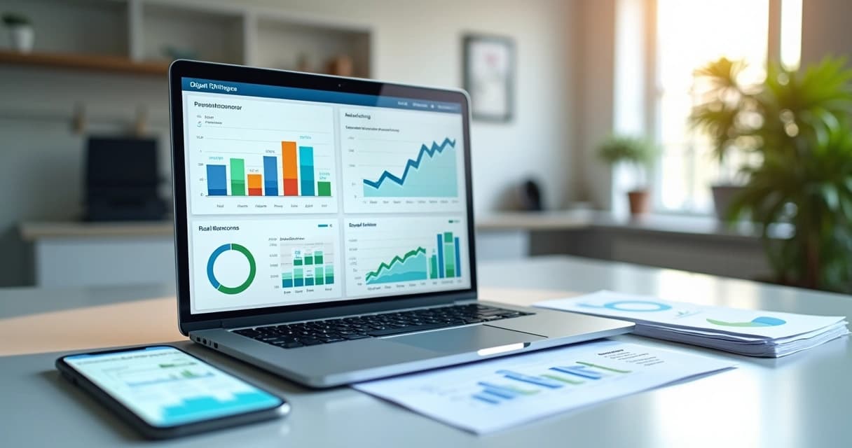 Computador com gráficos de ROI digital em tela mostrando métricas e dados de uma imobiliária moderna