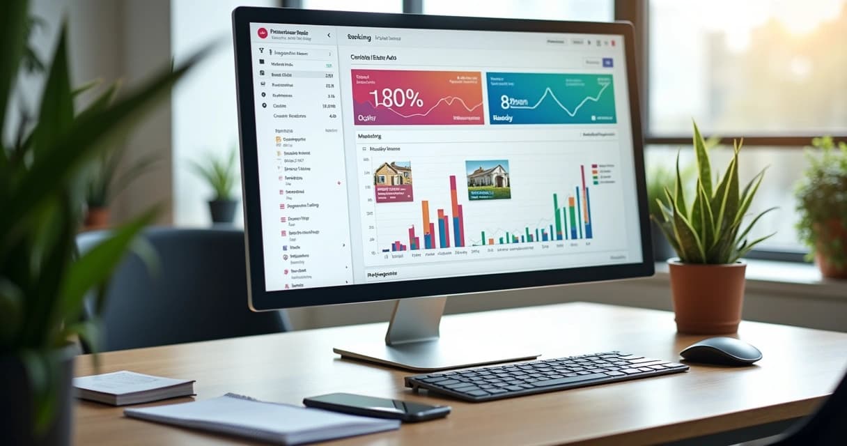 Tela de computador mostrando painel de anúncios pagos de imóveis com gráficos de desempenho e mapas de calor