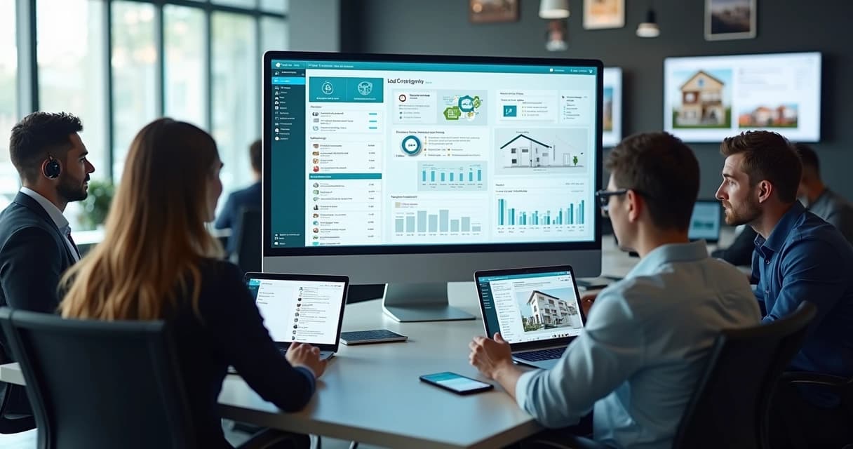 Tela moderna com múltiplos canais de atendimento unificados em uma plataforma digital para imobiliária