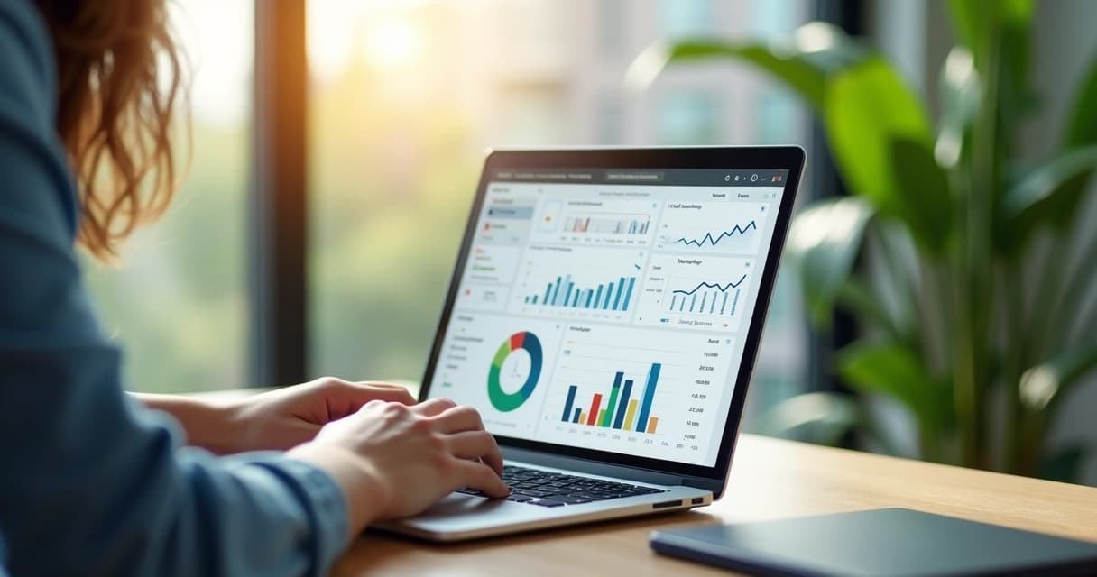 Pessoa usando laptop com gráficos de marketing digital e mensagens de WhatsApp na tela, em escritório moderno com plantas e luz natural