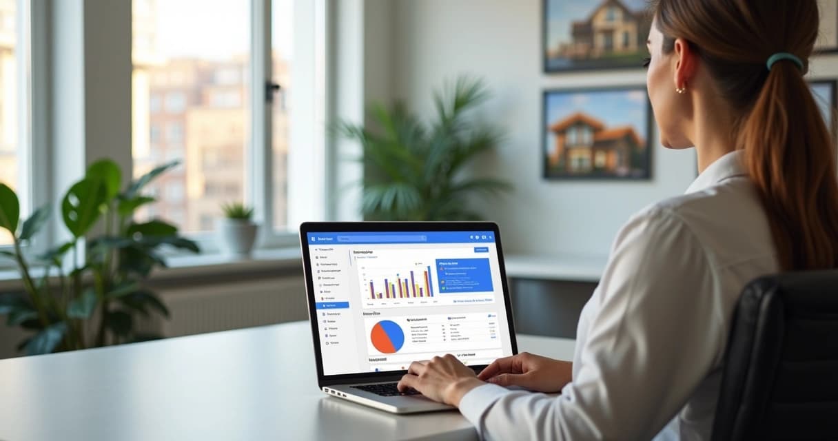 Corretor imobiliário usando laptop com tela do Google Meu Negócio aberta, escritório moderno ao fundo