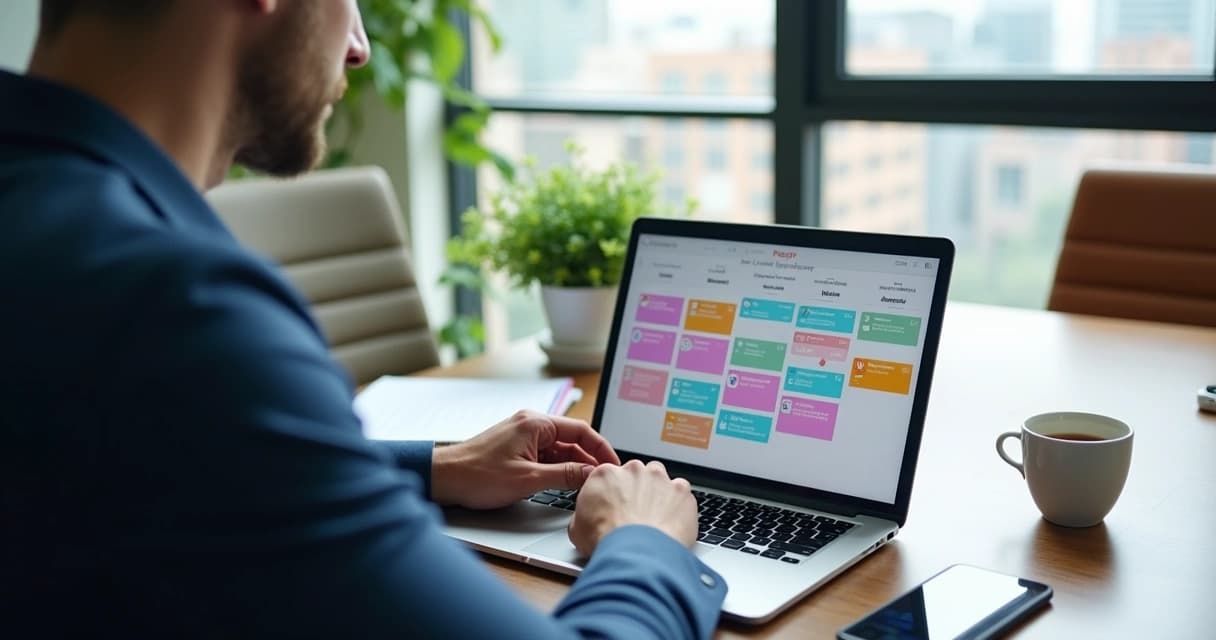 Corretor imobiliário organizando agenda digital com calendários e lembretes no computador