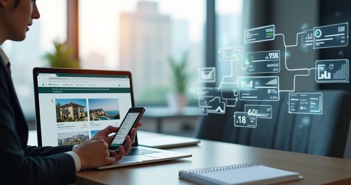 Corretor imobiliário usando laptop e smartphone com gráficos digitais ao fundo