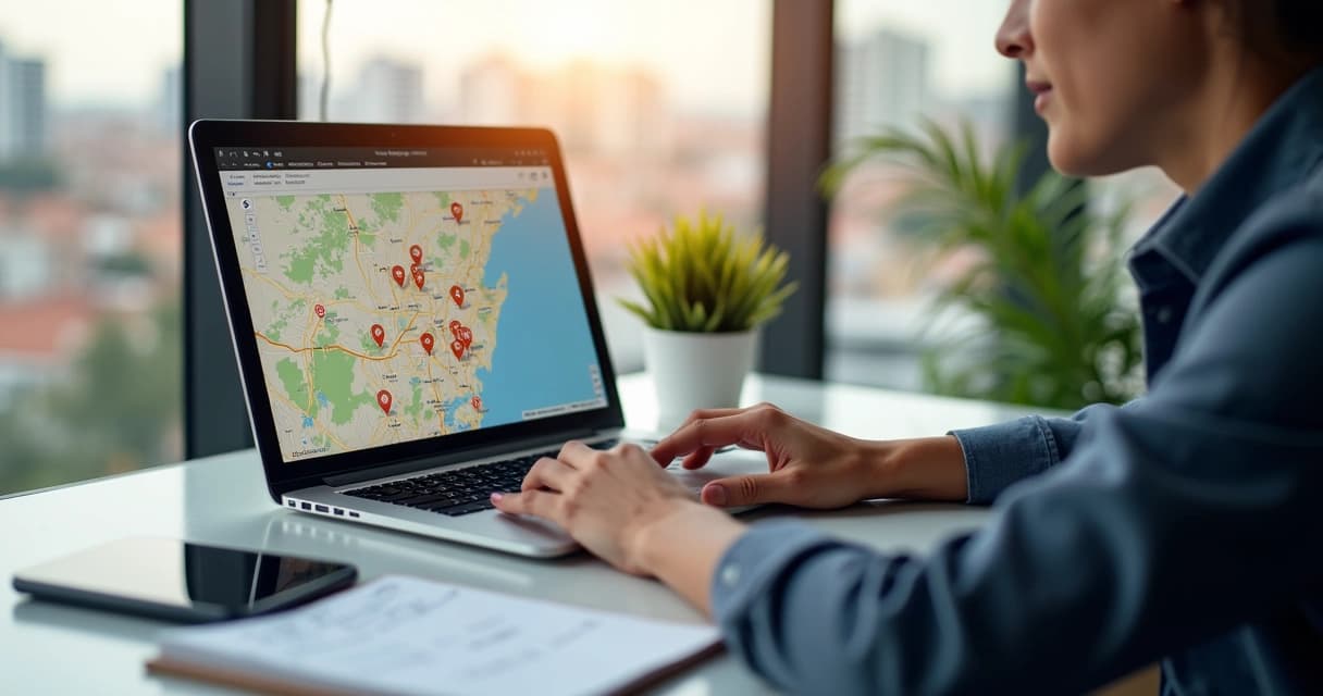 Corretor imobiliário usando laptop com mapa digital e indicadores de localização da região