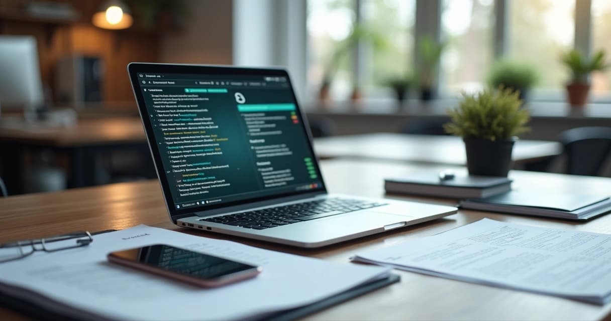 Mesa de trabalho com laptop aberto mostrando documentos digitais, smartphone com mensagens e contrato digital na tela, vários papéis organizados ao lado com escritório moderno ao fundo