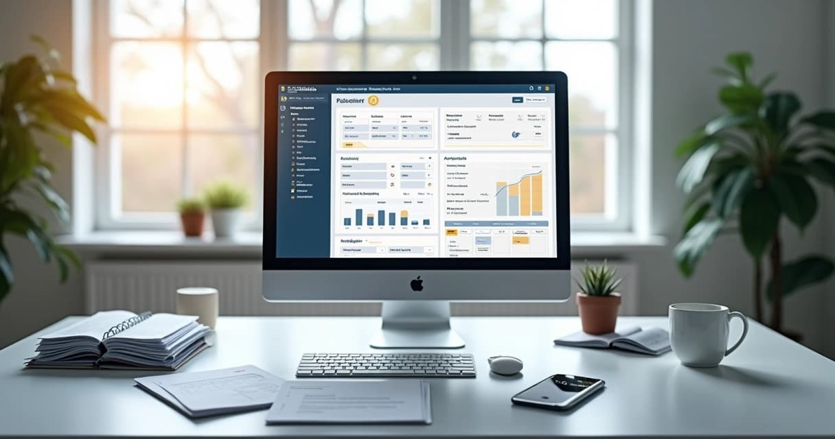 Mesa de escritório com computador exibindo sistema imobiliário digital e documentos organizados