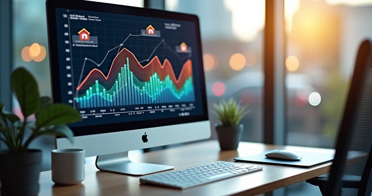 Computador com tela exibindo gráficos de remarketing e campanhas digitais para imobiliárias, com ícones de casas e mídias sociais ao fundo