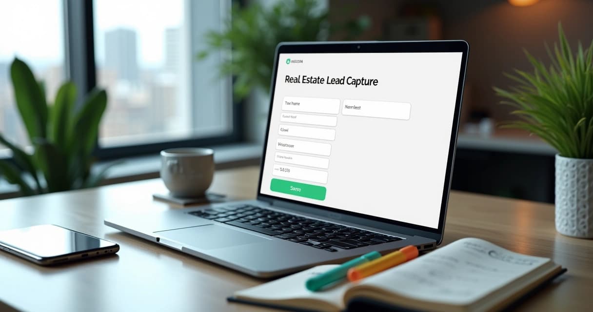 Formulário digital de captação de leads para imobiliária na tela de laptop com anotações e smartphone ao lado