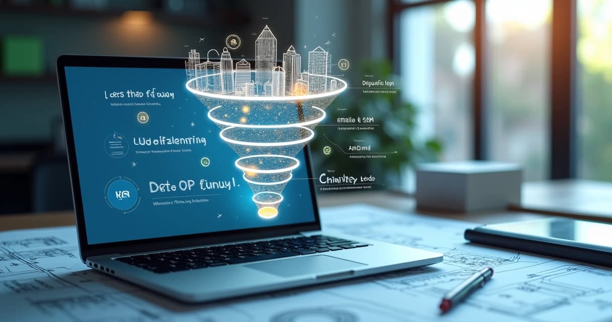 Representação detalhada de funil de vendas imobiliário com etapas de atração, qualificação e conversão, incluindo ícones de CRM e automação por WhatsApp, e-mail e SMS