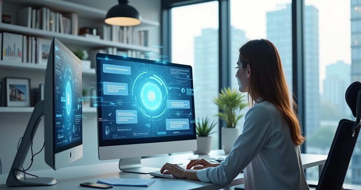 Computador moderno com interface de atendimento digital por inteligência artificial exibida na tela, ao lado de um corretor imobiliário trabalhando e chatbot respondendo mensagens automaticamente