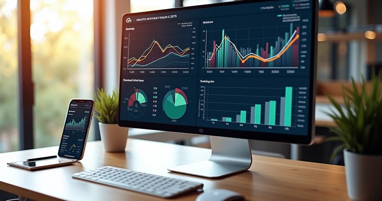 Tela digital com gráficos de métricas de marketing imobiliário e dados em alta resolução