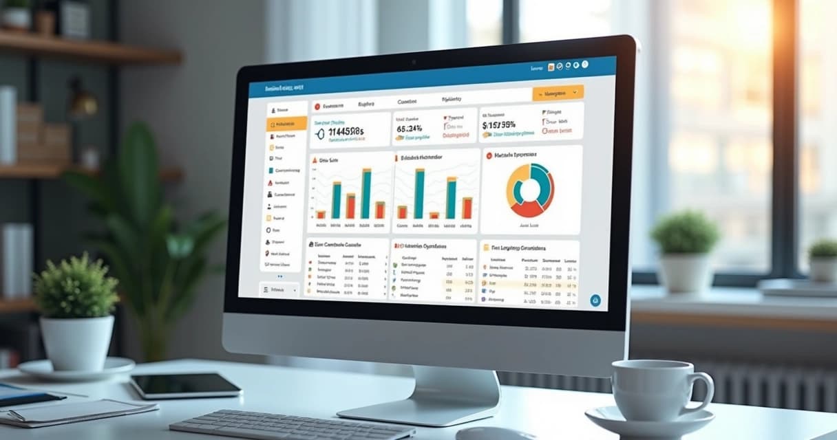 Tela de computador mostrando um CRM imobiliário organizado com listas de contatos, gráficos e informações detalhadas