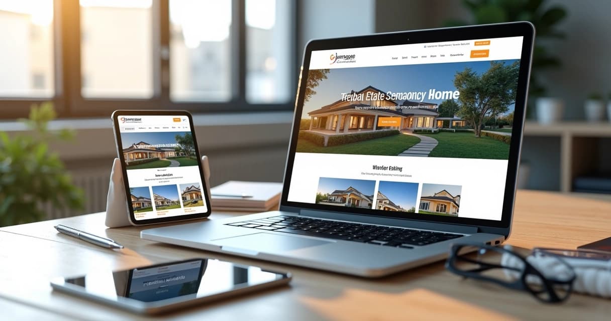 Tela responsiva de site imobiliário exibida em smartphone, tablet e laptop sobre mesa de madeira clara