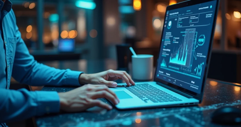 Corretor de imóveis usando computador com tela de CRM aberto, mostrando leads e gráficos de vendas