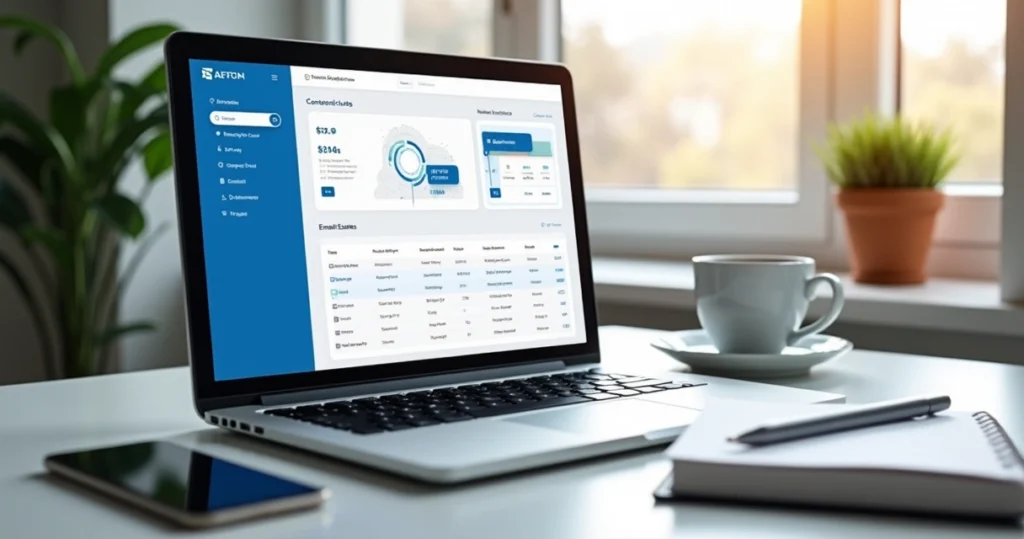 Computador aberto exibindo painel de email marketing com lista de contatos e gráficos de desempenho, ambiente moderno e iluminado com detalhes em azul e branco